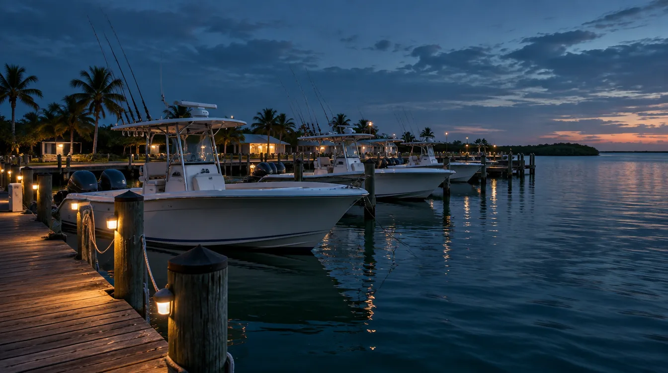 Illustrative evening scene of center-console boats at a Florida marina