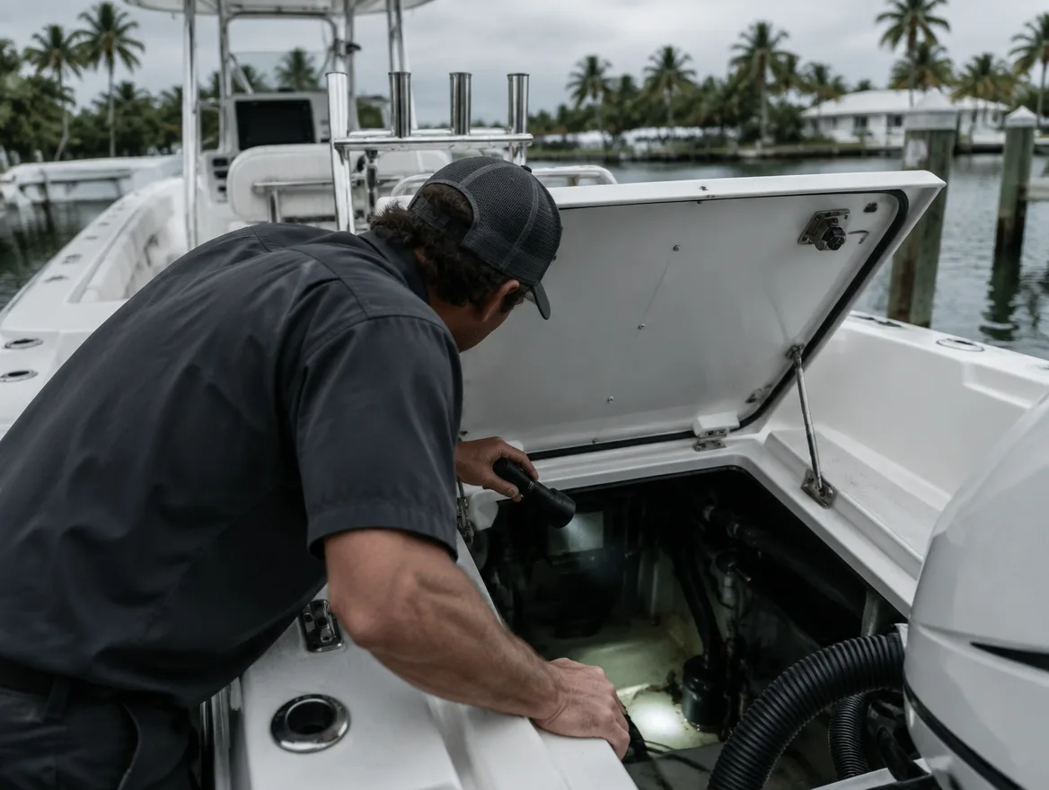 Illustrative mechanic checking a boat’s bilge and electrical compartment